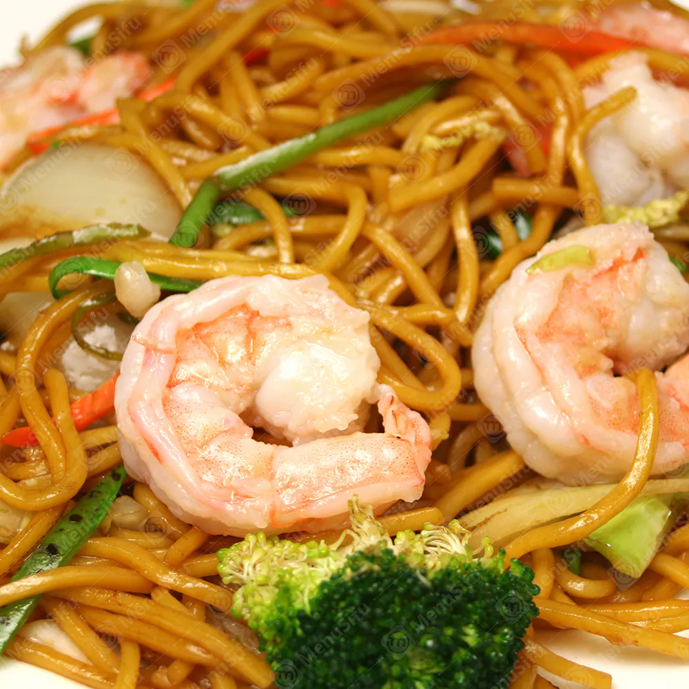 Shrimp lo mein stir-fried noodles at Lucky Garden, a Chinese Restaurant in Cypress